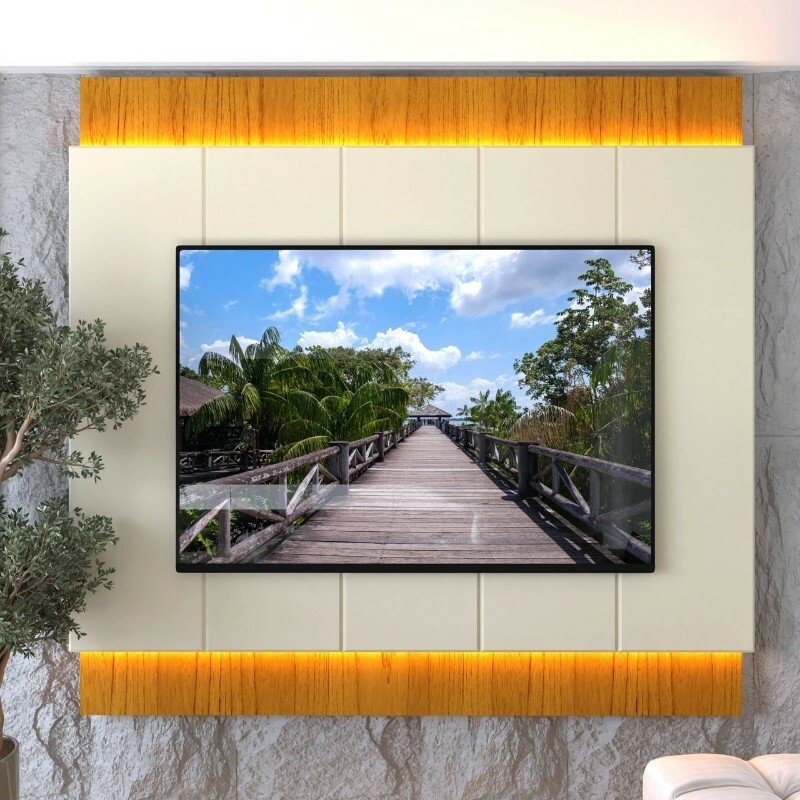 Painel Magnífico 220 Larg. 2.18m Nature/Off C/LED e Detalhe Ripado para TV até 70" - Gelius - Imagem 2