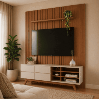 Painel Ripado Niágara Larg. 1.95m Freijó + Bancada Noronha Larg. 1.80m Off/Freijó | para TV até 82" - Colibri