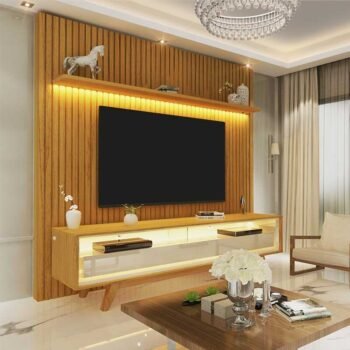 Rack Requinte Larg. 1.72m Naturale/off + Painel Nobre Larg. 1.85m Naturale Ripado C/ Led 100% MDF TV até 75" - Gelius