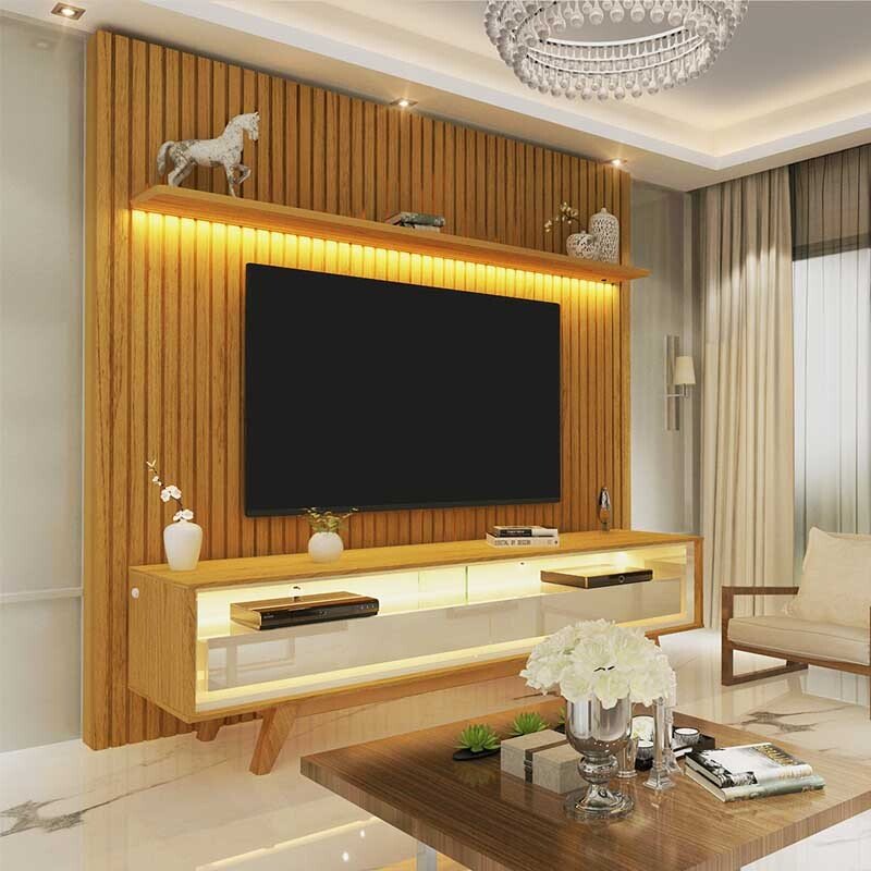 Rack Requinte Larg. 1.72m Naturale/off + Painel Nobre Larg. 1.85m Naturale Ripado C/ Led 100% MDF TV até 75" - Gelius