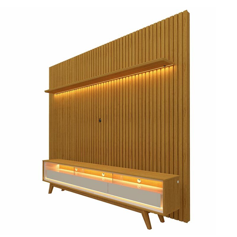 Rack Requinte Larg. 2.12m Naturale/off + Painel Nobre Larg. 2.30m Naturale Ripado C/ Led 100% MDF TV até 85" - Gelius - Imagem 2