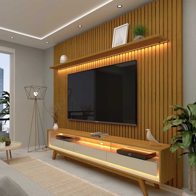 Rack Requinte Larg. 2.12m Naturale/off + Painel Nobre Larg. 2.30m Naturale Ripado C/ Led 100% MDF TV até 85" - Gelius