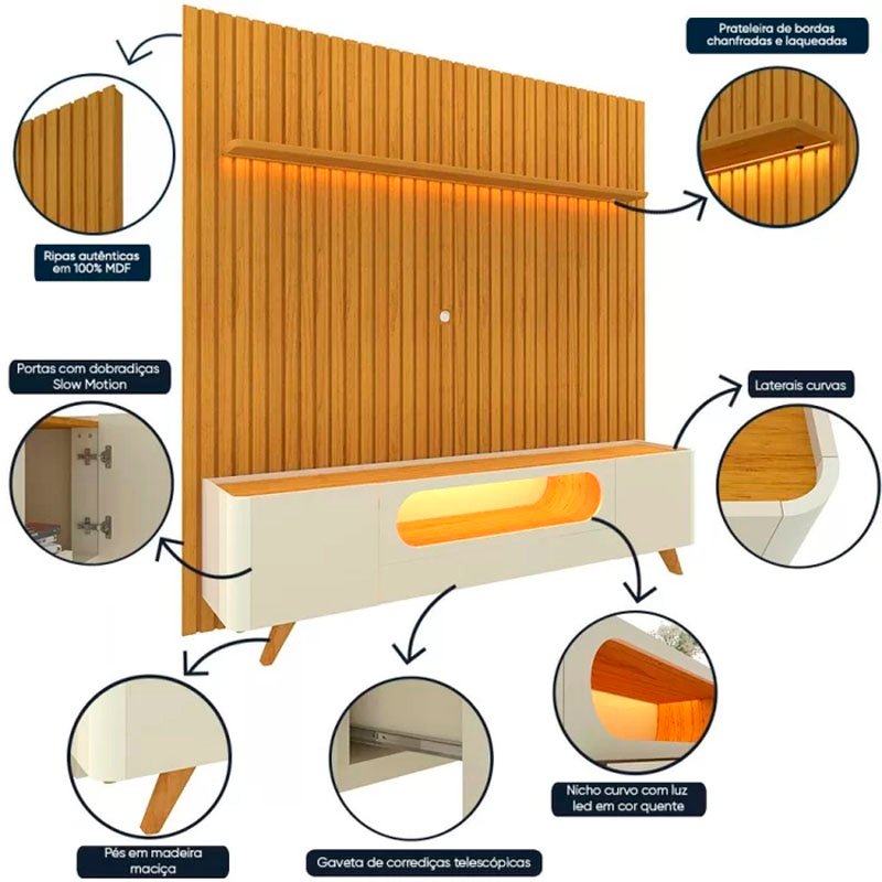 Rack Nobre Larg. 2.10m Off/Naturale + Painel Nobre Larg. 2.30m Naturale Ripado C/ Led 100% MDF TV até 85"- Gelius - Imagem 4