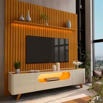 Rack Nobre Larg. 2.10m Off/Naturale + Painel Nobre Larg. 2.30m Naturale Ripado C/ Led 100% MDF TV até 85"- Gelius