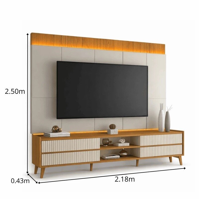Sofá 3 lug. Gramado 2.10m Korino Nobuck Marrom 3051 + Rack Magnífico 212 Larg. 2.18m + Painel Magnífico 220 Nature/Off C/LED e Ripado TV até 85" - Gelius - Imagem 3