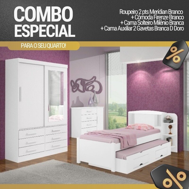 Roupeiro Merídian Branco 2 Portas + Cômoda Firenze Branco + Cama Solteiro Milênio Branca + Cama Auxiliar 2 Gavetas Branca - D Doro - Imagem 15