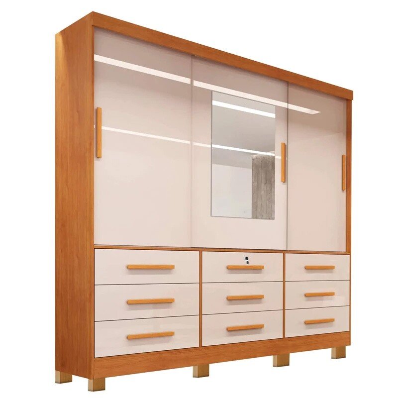 Combo - Roupeiro Casal Athenas Nature/Off 3 Portas 9 Gavetas C/ 1 Espelho e Pés 100% MDF Larg. 1.80m - Bianchi + Cama Box Casal Ortopédico Rondoconfort D33 - Rondomóveis | Suporta até 300kg - Imagem 2
