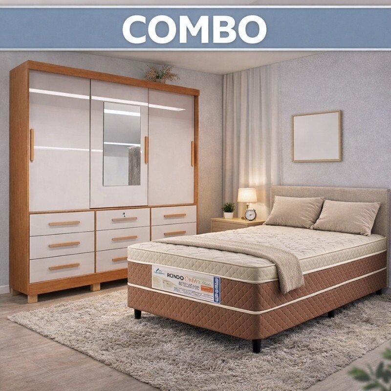 Combo - Roupeiro Casal Athenas Nature/Off 3 Portas 9 Gavetas C/ 1 Espelho e Pés 100% MDF Larg. 1.80m - Bianchi + Cama Box Casal Ortopédico Rondoconfort D33 - Rondomóveis | Suporta até 300kg