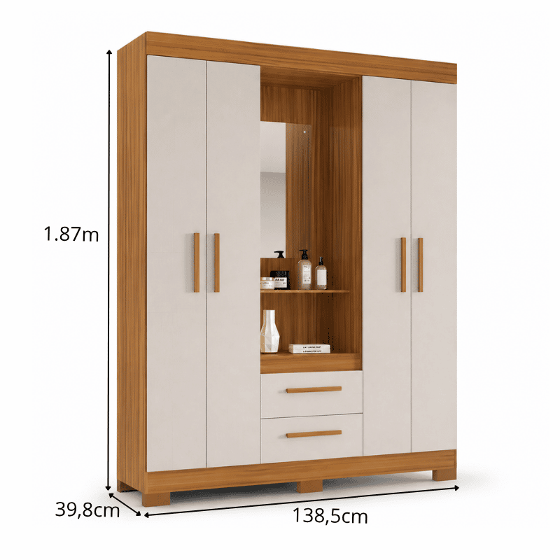 Guarda-Roupa NT 6055 4 portas 2 Gavetas Freijó/Off C/Pés Larg. 1.38m - Notável - Imagem 4