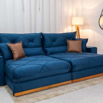 Sofá Retrátil Reclinável Gran Bello 2.90m Veludo Azul - Molas Ensacadas Pocket