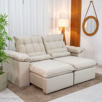 Sofá Retrátil Reclinável Emanuelly 2.00m Veludo Bege 01