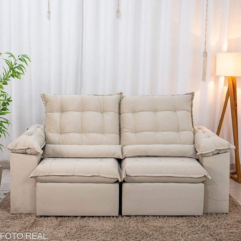 Sofá Retrátil Reclinável Emanuelly 2.00m Veludo Bege 01 - Imagem 5
