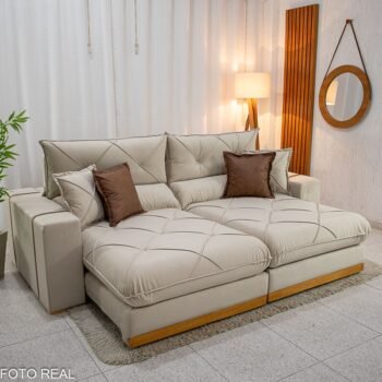 Sofá Retrátil Reclinável Gran Bello 2.30m Veludo Bege - Molas Ensacadas Pocket