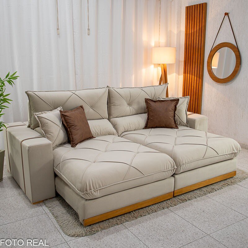 Sofá Retrátil Reclinável Gran Bello 2.30m Veludo Bege - Molas Ensacadas Pocket