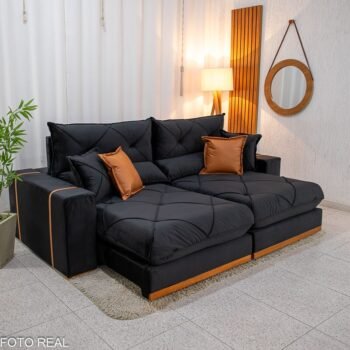 Sofá Retrátil Reclinável Gran Bello 2.30m Veludo Preto 21 - Molas Ensacadas Pocket