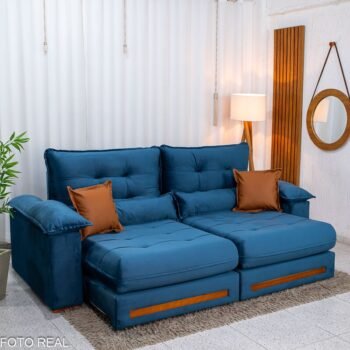 Sofá Retrátil Reclinável Imperial 2.50m Veludo Azul 03 - D33 e Molas Ensacadas