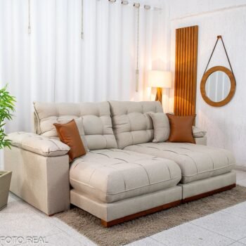 Sofá Retrátil Reclinável Verona 2.50m Linho Bege D28 Soft - Molas Ensacadas