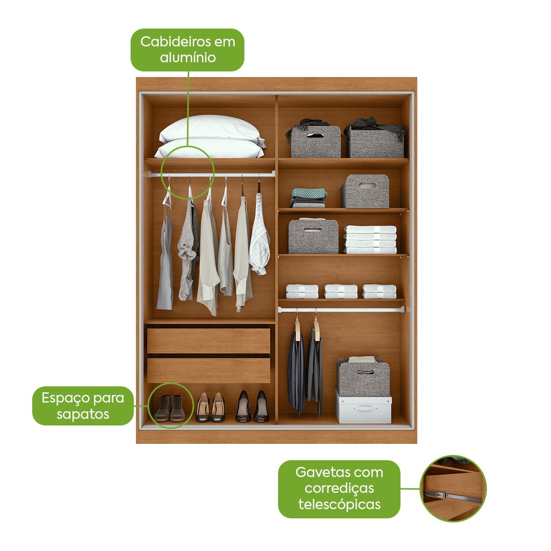 Guarda-Roupa 2 Portas Quadrix 1,54 m Amêndoa Clean/Off White/Amêndoa Clean – LOPAS - Imagem 7