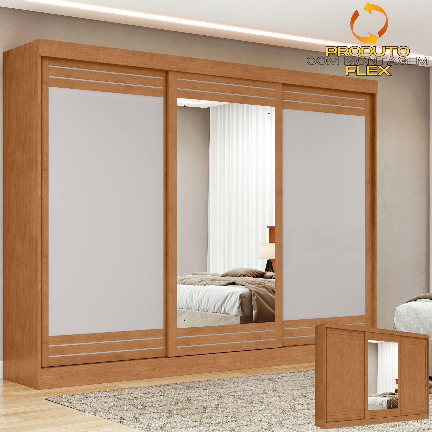 Guarda-Roupa 3 Portas Nice 2,70 m Amêndoa Clean/Off White/Amêndoa Clean – LOPAS