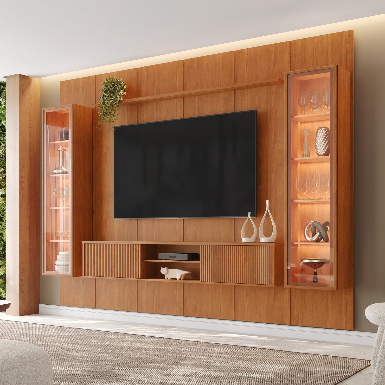 Painel até 75″ Dominus 2,79 m Naturale + Rack Dominus Naturale + Duas Cristaleiras Dominus Naturale – MAVAULAR