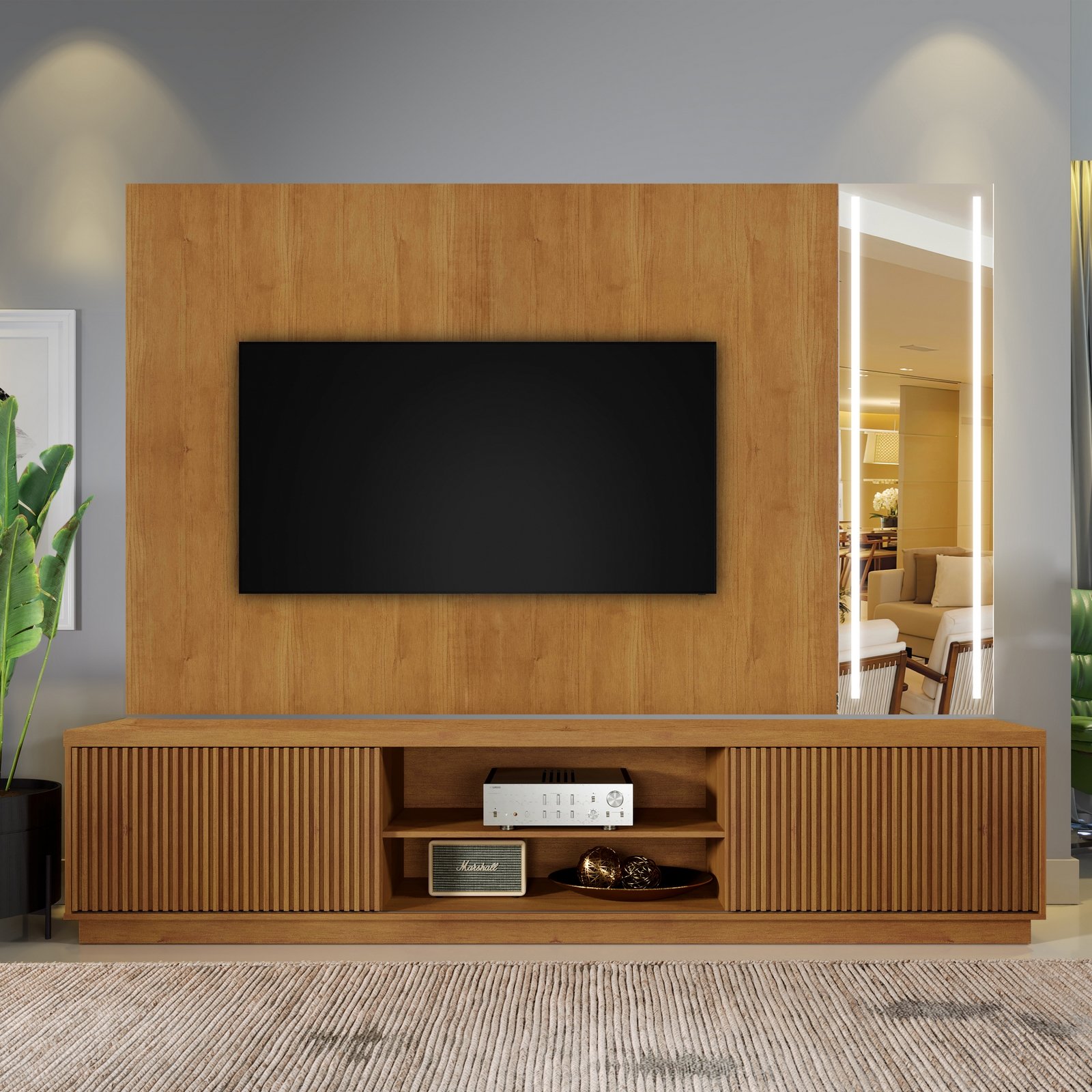 Painel até 75″ Vitrum Naturale + Rack Arezzo 2.2 Ripado/Naturale – MAVAULAR