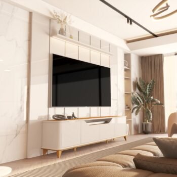 Painel até 75″ Lumi 2.19 Off White + Rack Aron Off White/Cedro – EDN MÓVEIS