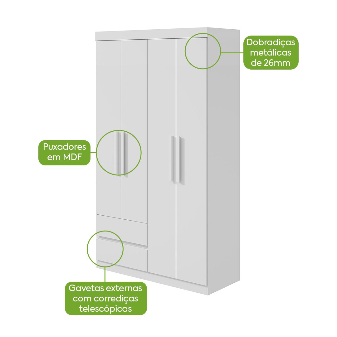 Guarda-Roupa 4 Portas Zeus 1,19 m Branco - LOPAS - Imagem 3
