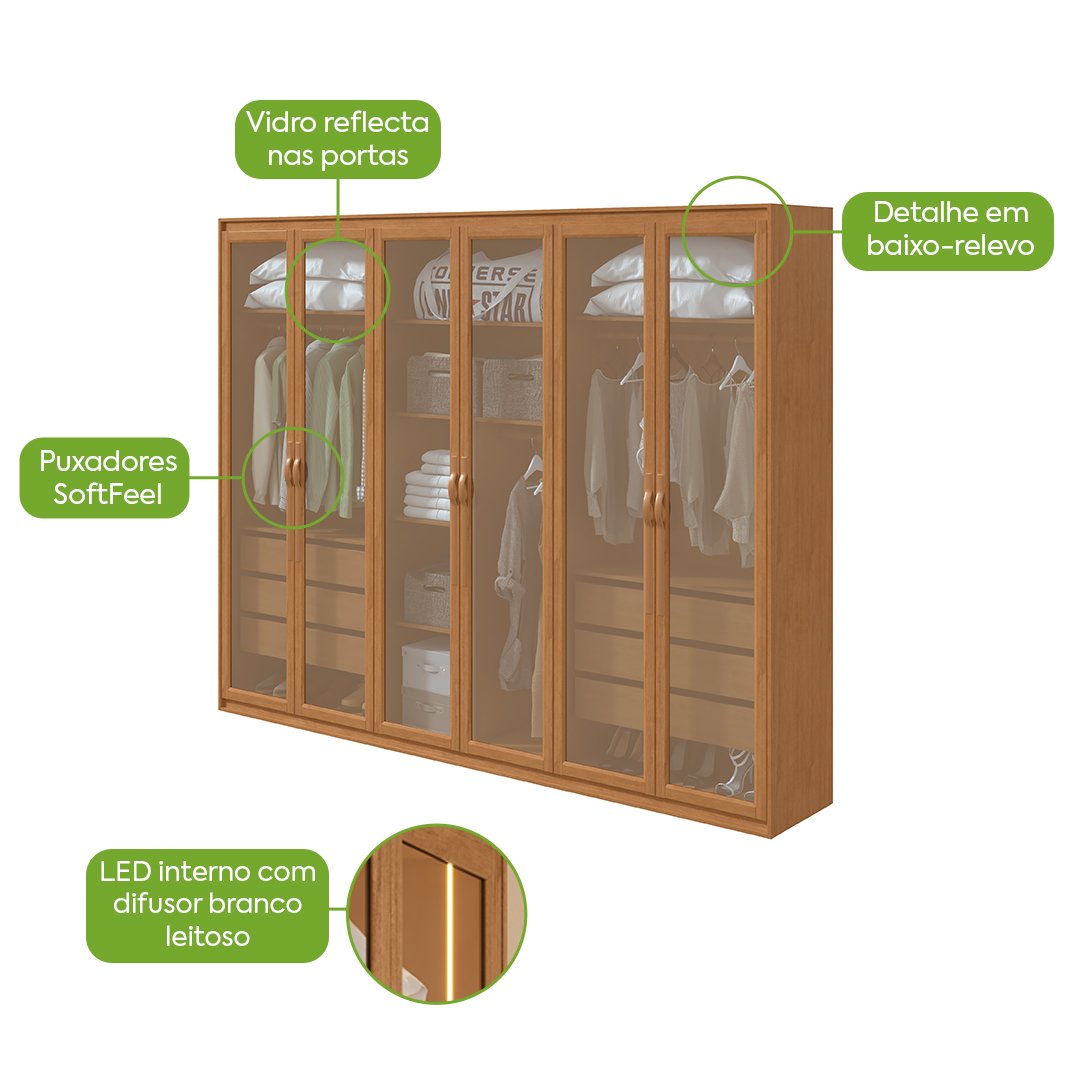 Guarda-Roupa 6 Portas Suavitá Glass 2,70 m Amêndoa Clean - LOPAS - Imagem 3
