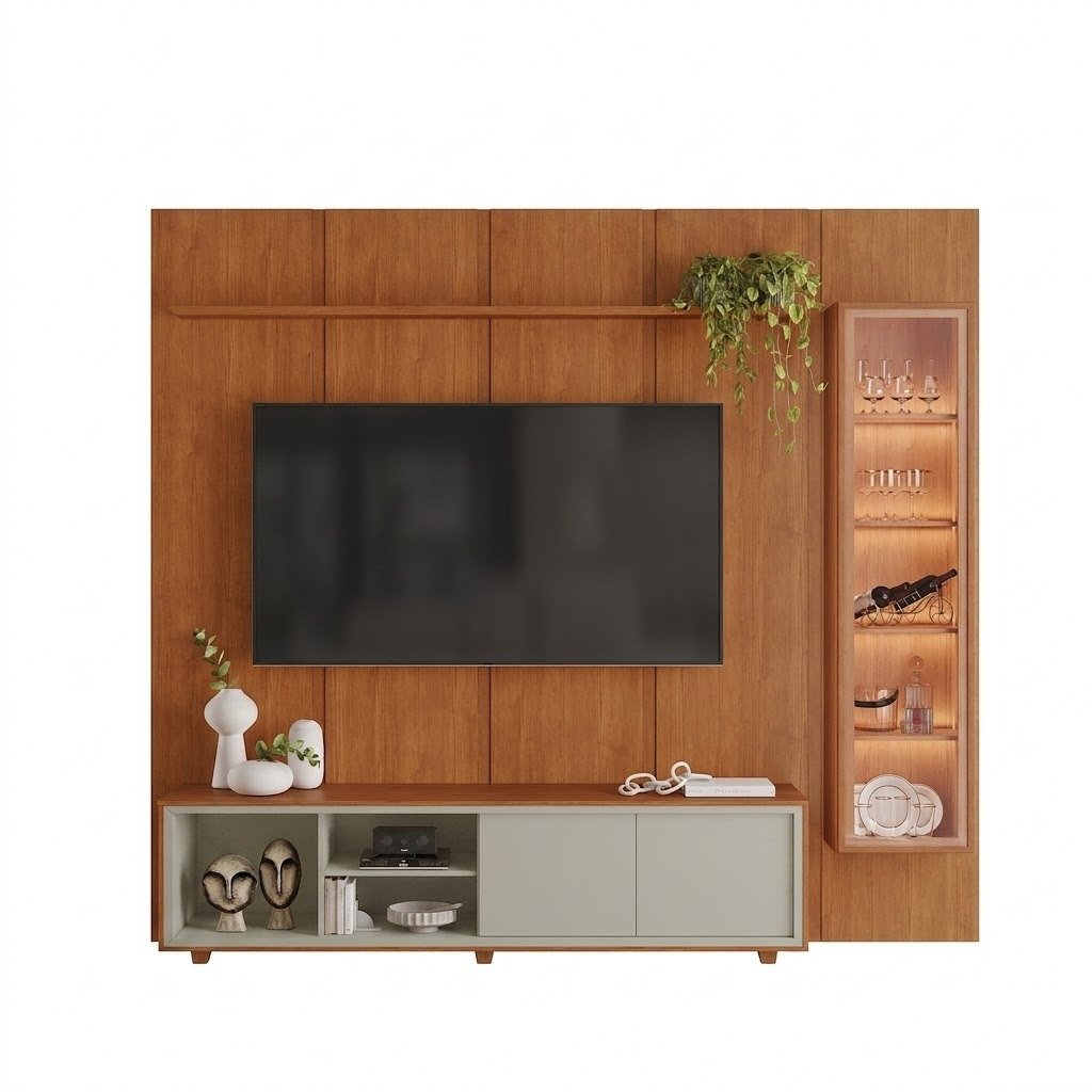 Painel até 75″ Dominus 2,32 m Naturale + Rack Dux Naturale/Off White + Cristaleira Dominus Naturale – MAVAULAR - Imagem 5