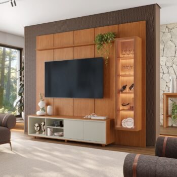 Painel até 75″ Dominus 2,32 m Naturale + Rack Dux Naturale/Off White + Cristaleira Dominus Naturale – MAVAULAR