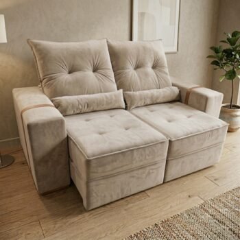 Sofá Retrátil e Reclinável Júnior 1,80 m Veludo Bege 03 - IMPERIAL DECOR