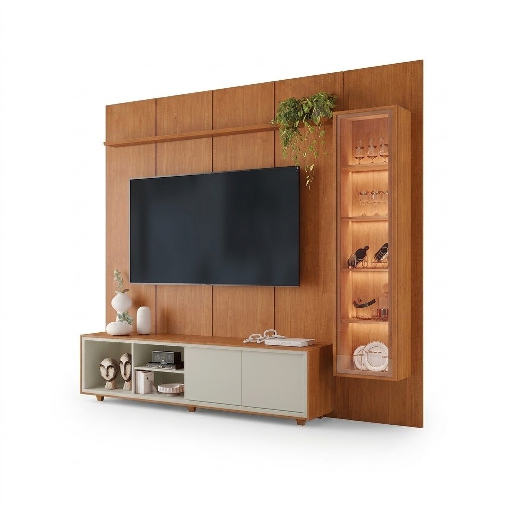 Painel até 75″ Dominus 2,32 m Naturale + Rack Dux Naturale/Off White + Cristaleira Dominus Naturale – MAVAULAR - Imagem 4