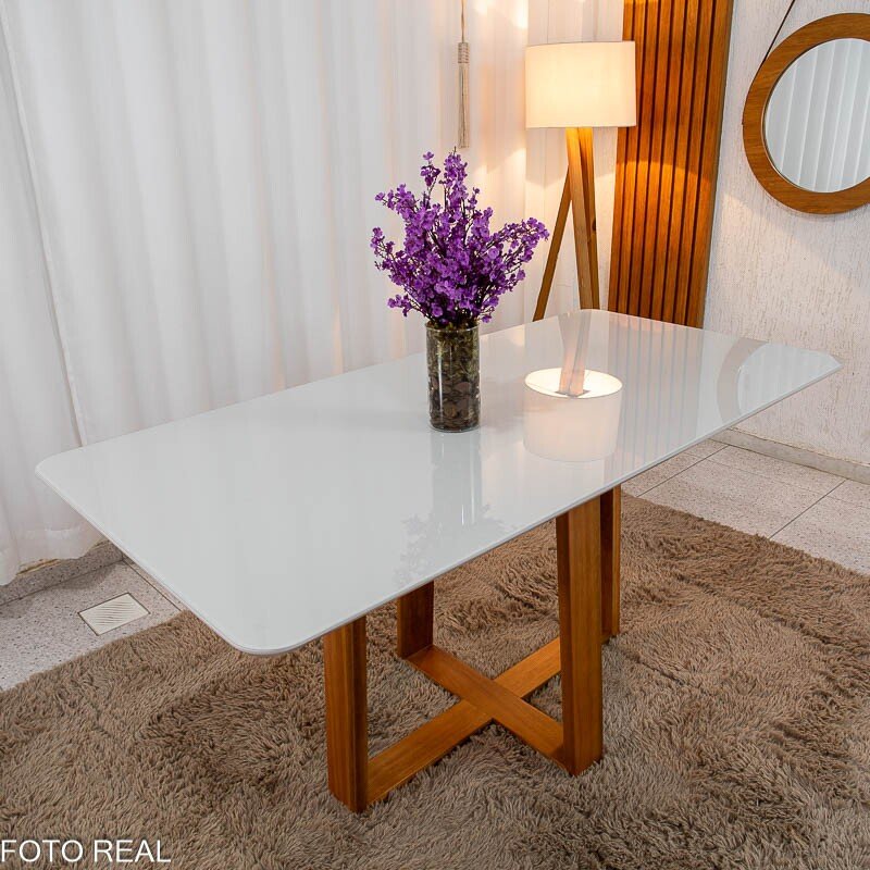 Mesa de Jantar Pedro 160×80 Vidro Off/Base Madeira + 6 Cad. Lisboa Veludo Bege 512 Madeira Art Assento - Entregue Montada - Imagem 9