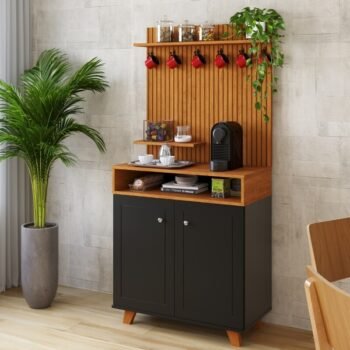 Cantinho do Café Star Larg. 0.77m Preto/Nature C/Detalhe Ripado em Impressão 3D - JA Móveis