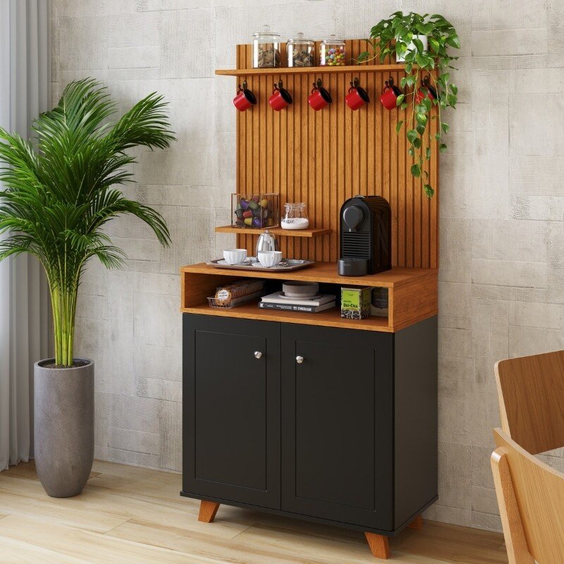 Cantinho do Café Star Larg. 0.77m Preto/Nature C/Detalhe Ripado em Impressão 3D - JA Móveis