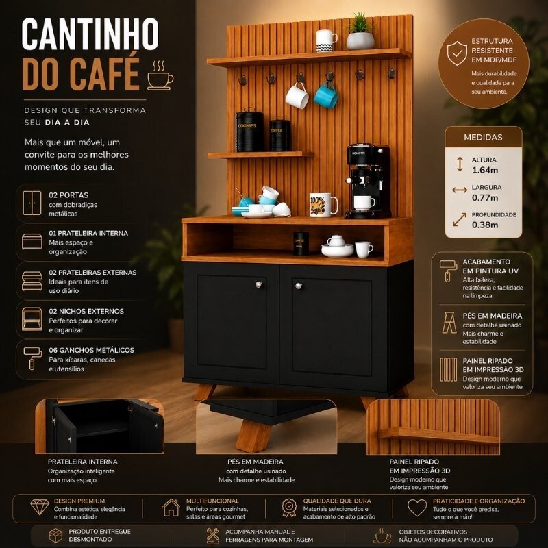 Cantinho do Café Star Larg. 0.77m Preto/Nature C/Detalhe Ripado em Impressão 3D - JA Móveis - Imagem 5