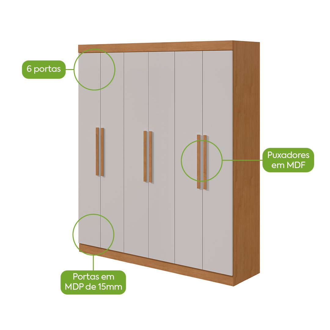 Guarda-Roupa 6 Portas Andara 1,77 m Amêndoa Clean/Off White - LOPAS - Imagem 3