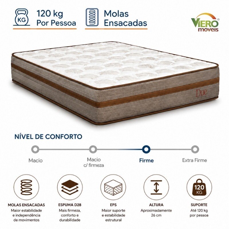 Colchão Casal Due 138x188x26 Molas Ensacadas - Viero | Suporta até 240kg - Imagem 7