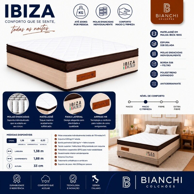 Colchão Casal Ibiza 138x188x33 Molas Ensacadas - Bianchi Colchões | Suporta até 400kg - Imagem 3
