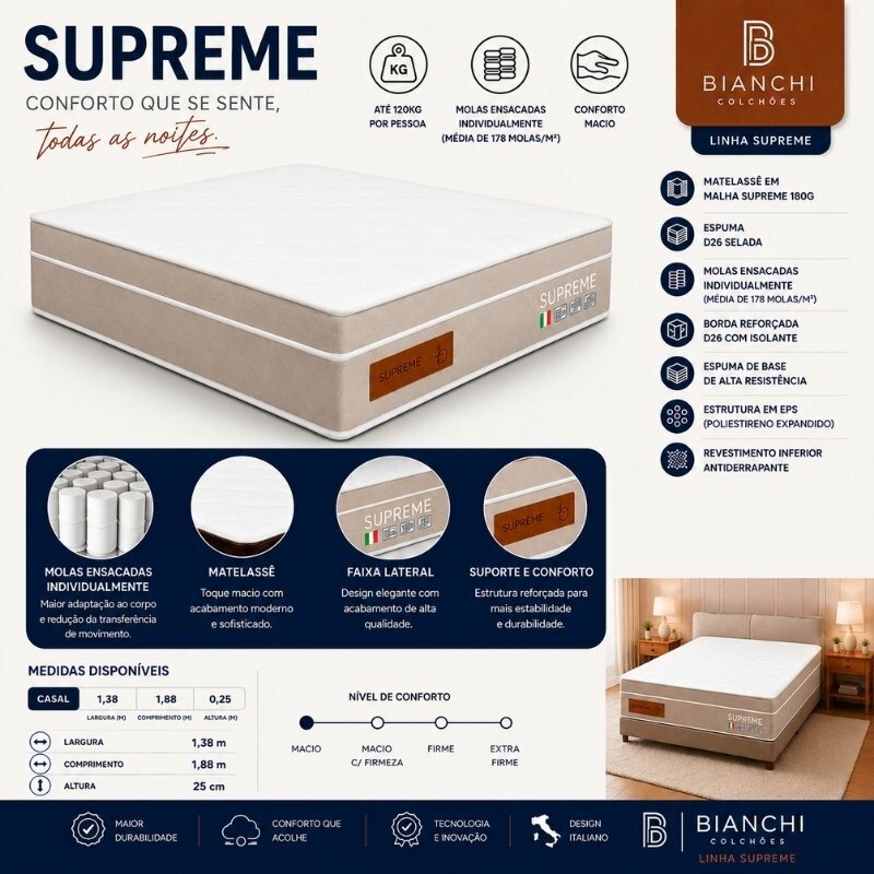 Colchão Casal Supreme Molas Ensacadas Bianchi + Box Baú Casal Prime Confort Sued Marrom Blindado Issacar 138x188x70 | Suporta até 240kg - Imagem 9
