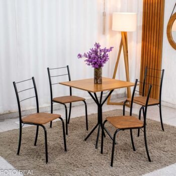 Conjunto Mesa Belize Quadrada 68x68 Naturale Base Órion Preto Fosco + 4 Cadeiras Belize Korino Marrom - Tubo Minas