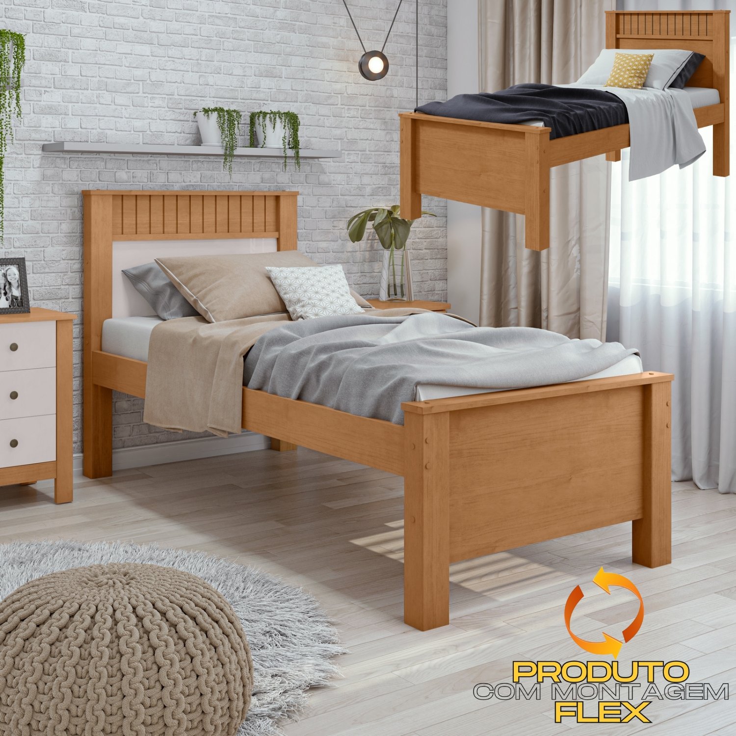 Cama Solteiro Athenas Amêndoa Clean/Off White/Amêndoa - LOPAS