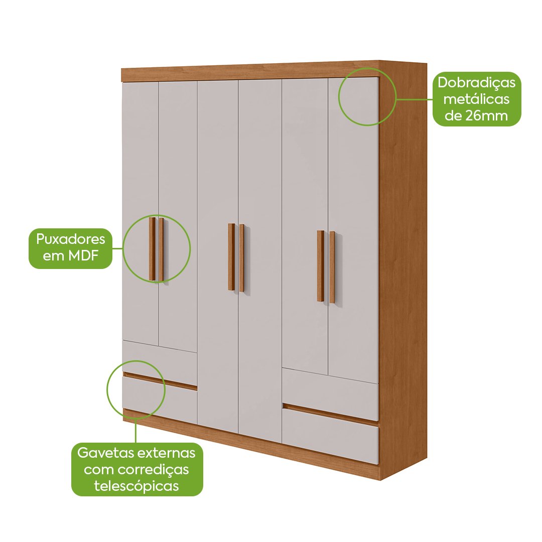 Guarda-Roupa 6 Portas Zeus 1,77 m Amêndoa Clean/Off White - LOPAS - Imagem 3