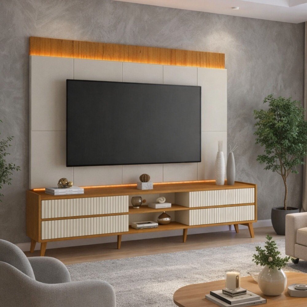 Rack Magnífico 212 Larg. 2.18m + Painel Magnífico 220 Nature/Off C/LED e Detalhe Ripado - Gelius - Imagem 6