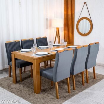 Mesa Athenas 180x90 Amêndoa Clean Tampo Maciço - Móveis Lopas + 6 Cad. Gênova Veludo Cinza 507 Madeira Entregue Montada - Art Assentos