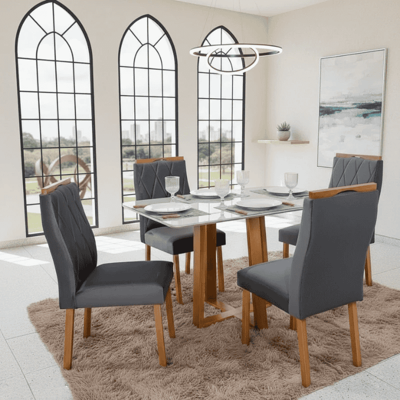 Mesa Bali 120×80 Vidro Off/Base Madeira - Minas Plac + 4 Cad. Lisboa Veludo Cinza 507 Madeira Art Assento - Entregue Montada
