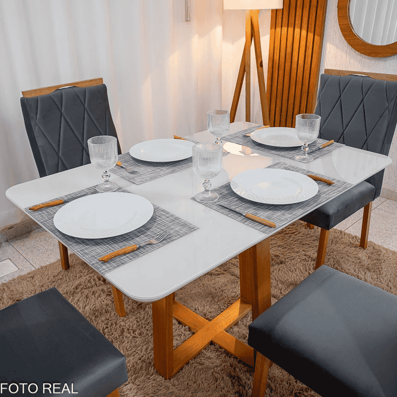Mesa Bali 120×80 Vidro Off/Base Madeira - Minas Plac + 4 Cad. Lisboa Veludo Cinza 507 Madeira Art Assento - Entregue Montada - Imagem 2