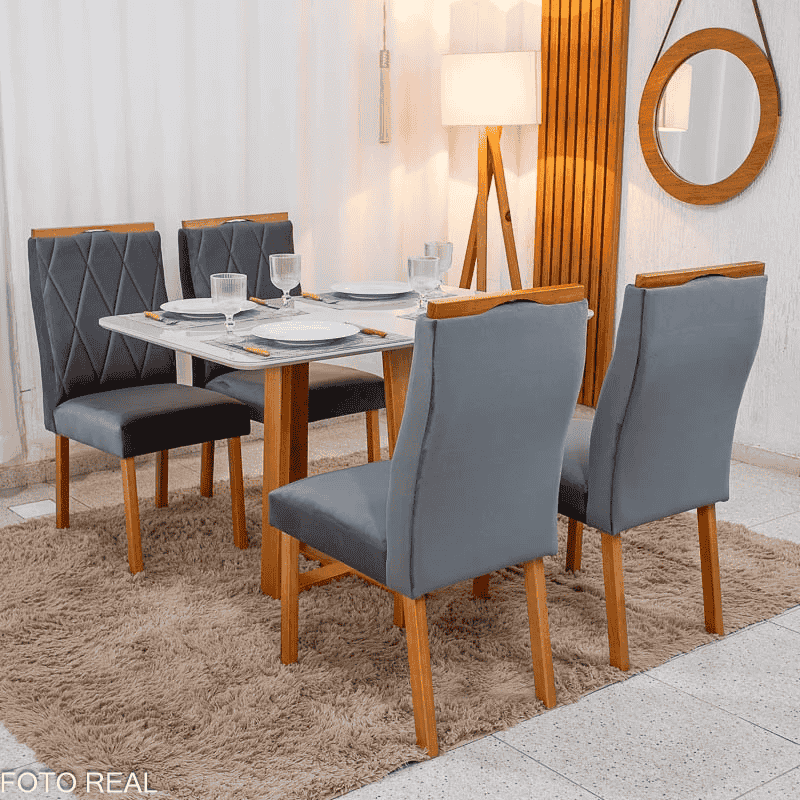 Mesa Bali 120×80 Vidro Off/Base Madeira - Minas Plac + 4 Cad. Lisboa Veludo Cinza 507 Madeira Art Assento - Entregue Montada - Imagem 3