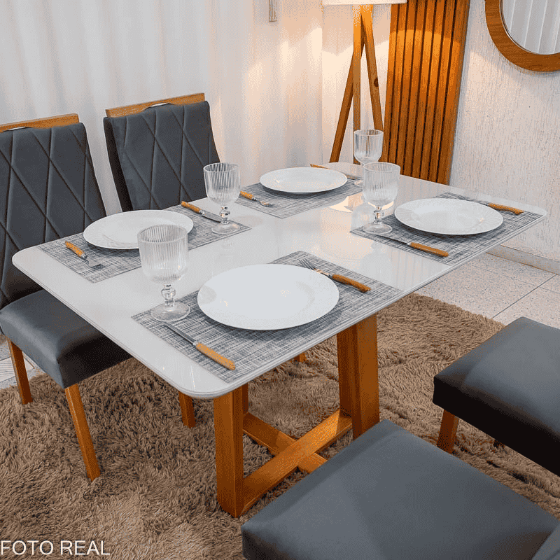 Mesa Bali 120×80 Vidro Off/Base Madeira - Minas Plac + 4 Cad. Lisboa Veludo Cinza 507 Madeira Art Assento - Entregue Montada - Imagem 4