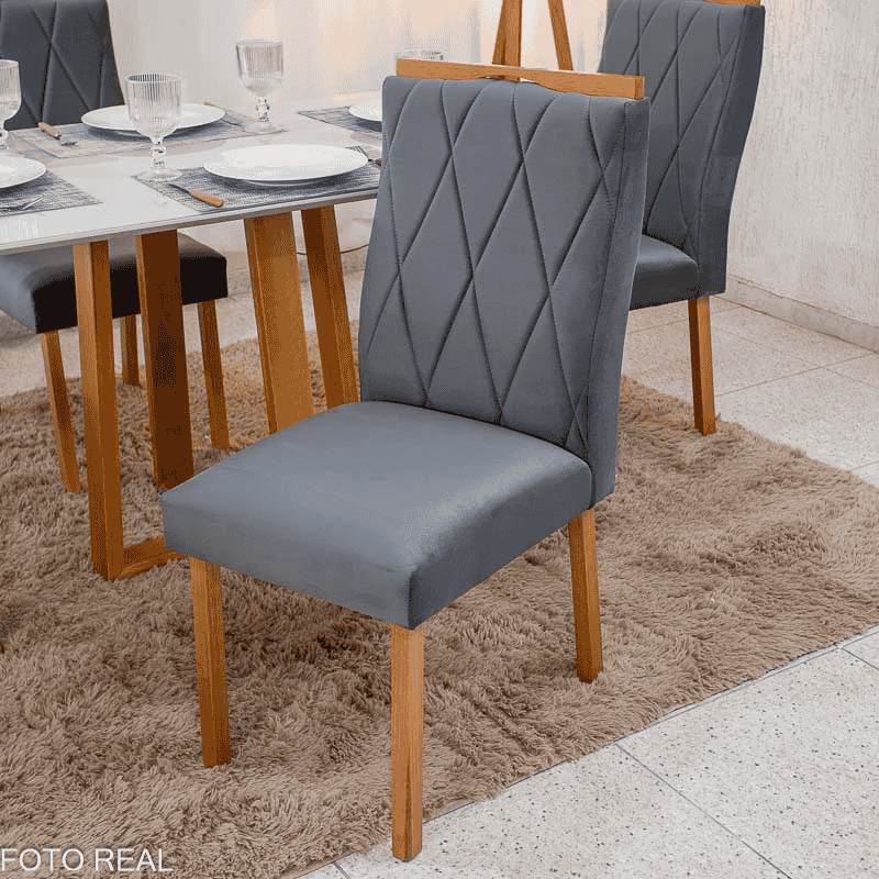 Mesa Bali 120×80 Vidro Off/Base Madeira - Minas Plac + 4 Cad. Lisboa Veludo Cinza 507 Madeira Art Assento - Entregue Montada - Imagem 5